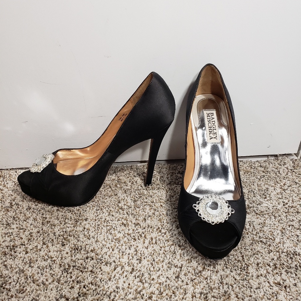 Badgley Mischka Black Satin & Rhinestone Peep Toe